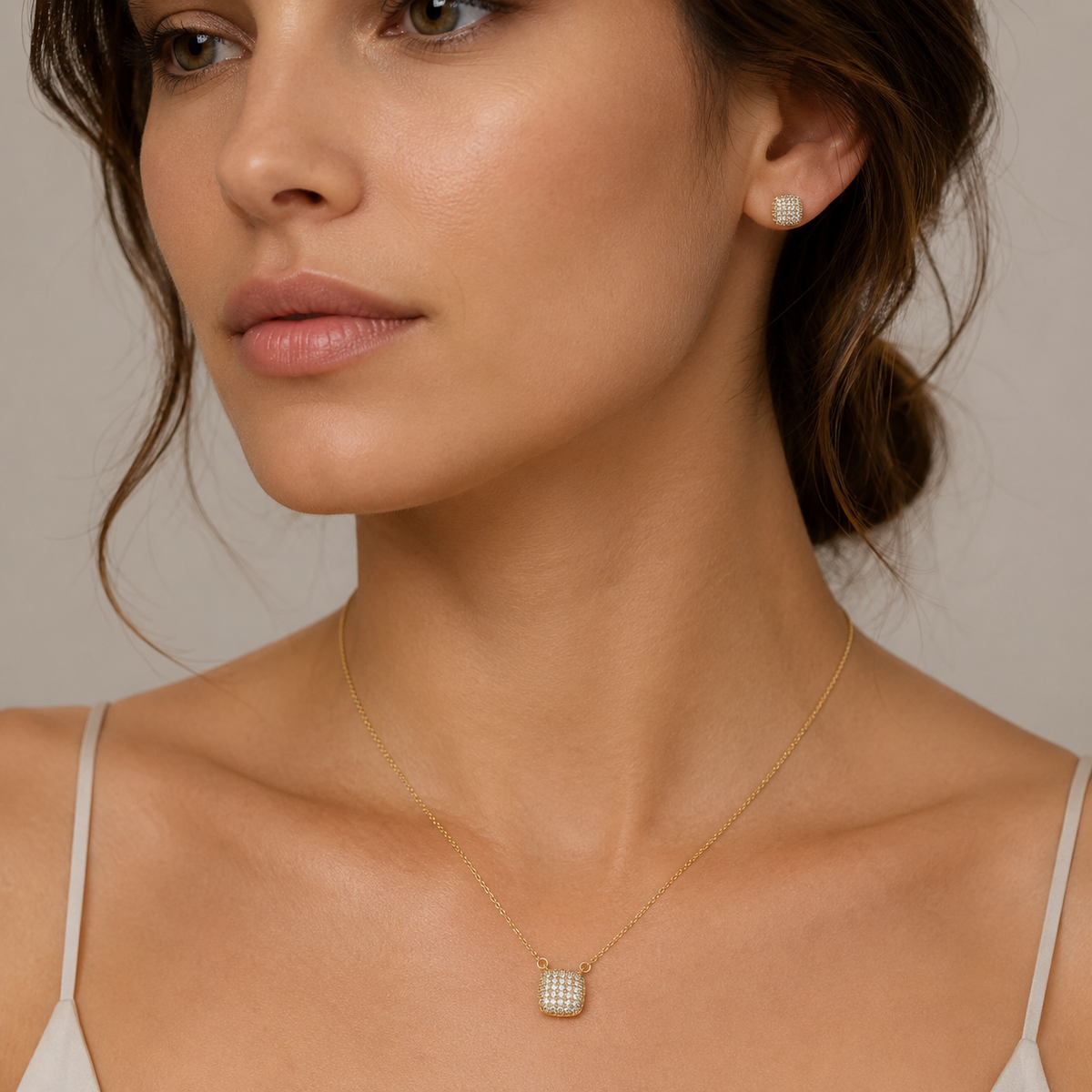 Set Collar Aros Cuadrado Circones Pavé