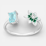 Anillo Ajustable Flor Circón Baguette Agua Marina