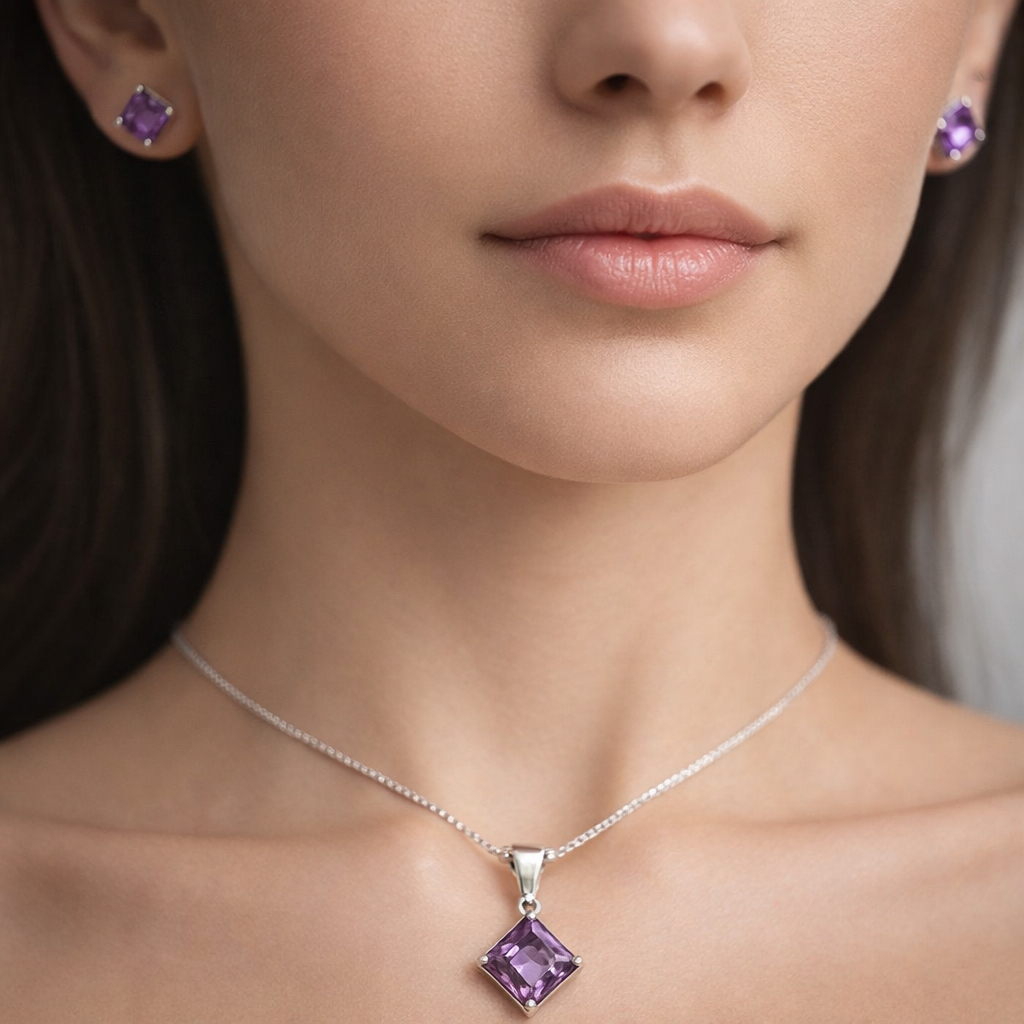 Conjunto Rombo Circón Amatista 6x6 mm