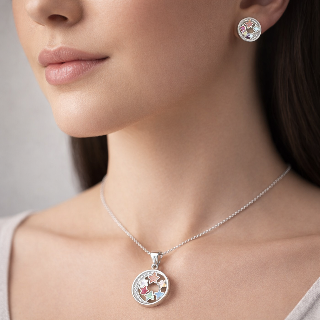 Conjunto Media Luna Estrellas Esmaltadas Multicolor Circones