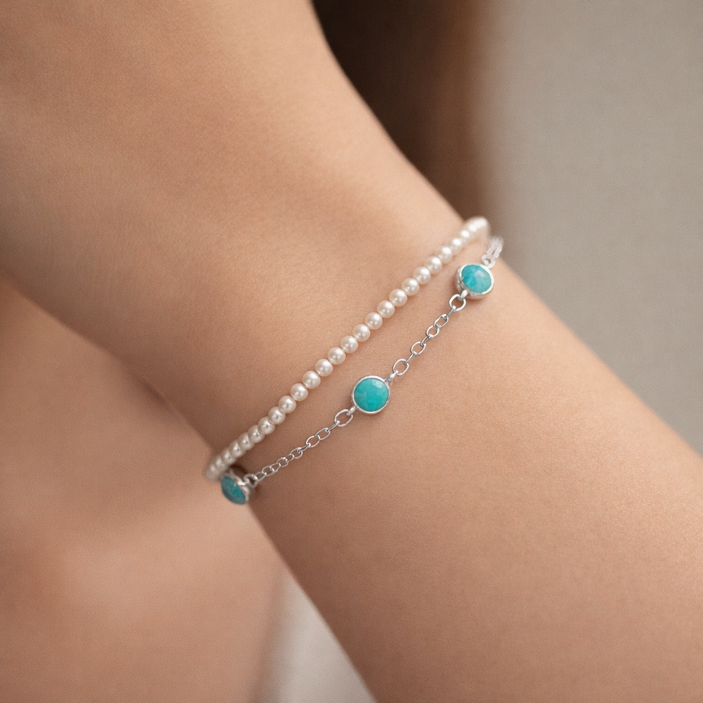 Pulsera Doble Perlas Circones Agua Marina