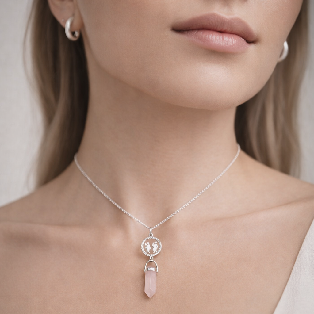 Collar Media Luna Niña Niño Cuarzo Rosado