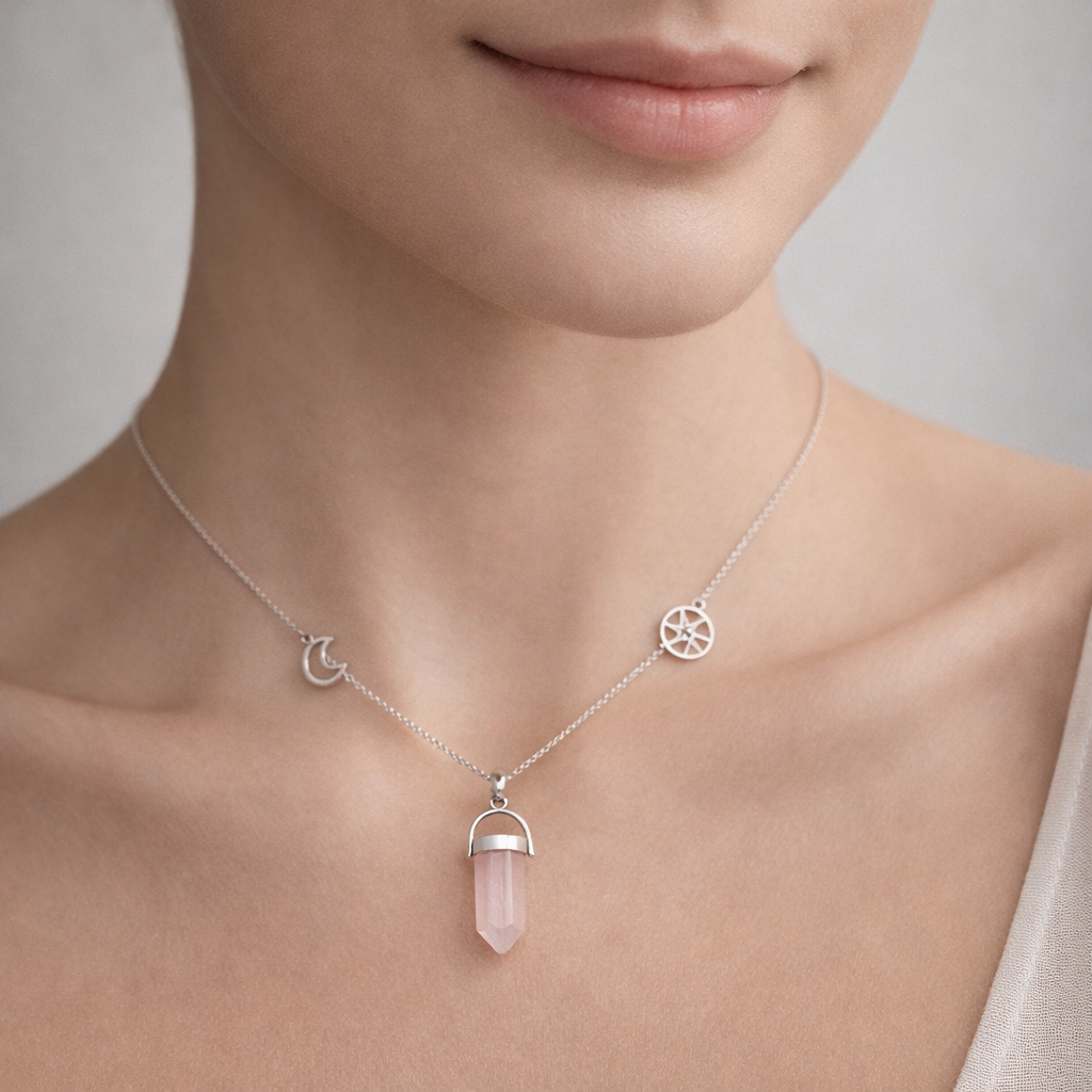 Collar Estrella Media Luna Cuarzo Rosado