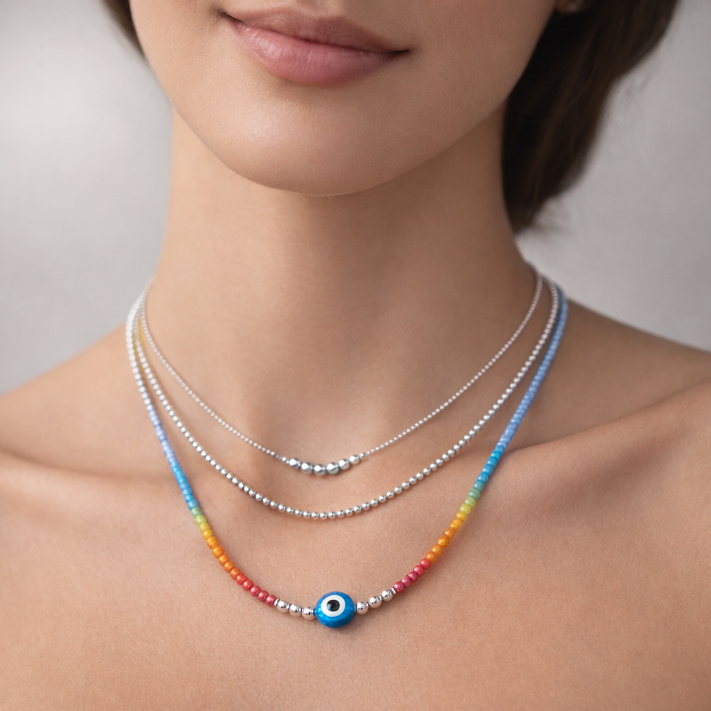 Collar Triple Ojo Turco Esferas Cristales Multicolor