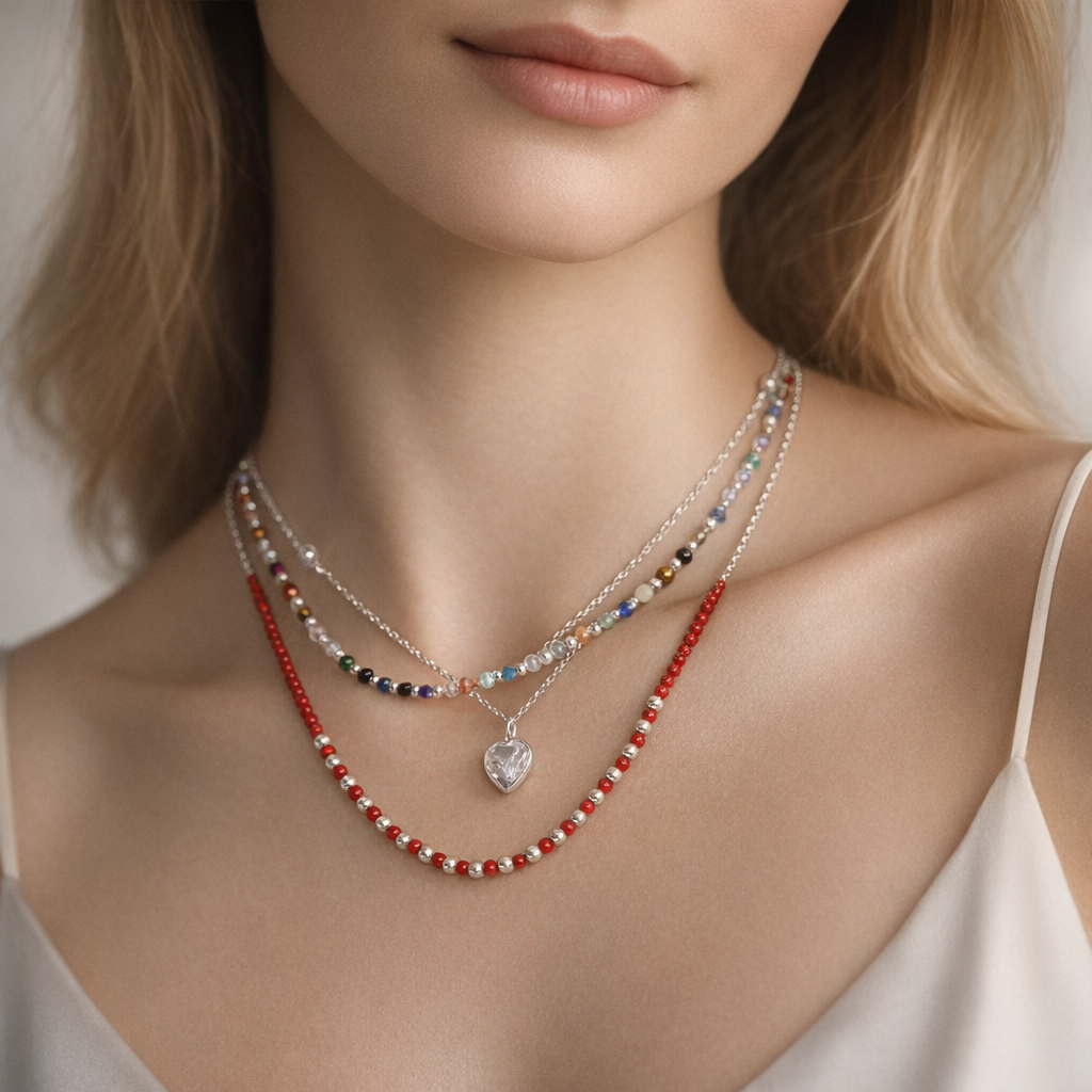 Collar Triple Corazón Circón Esferas Cristales Multicolor