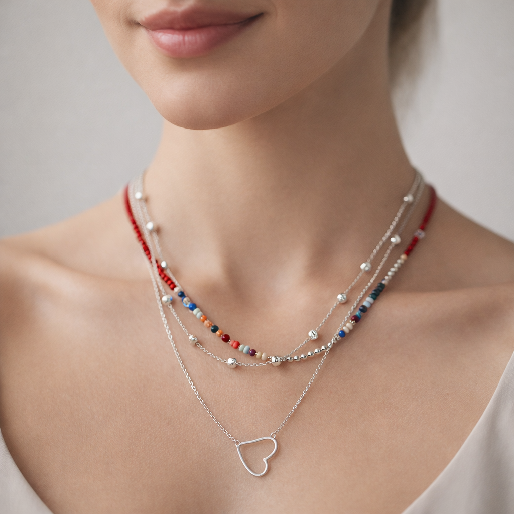 Collar Triple Corazón Esferas Cristales Multicolor