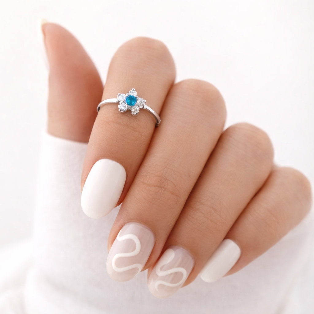 Anillo Midi Flor Circones Agua Marina
