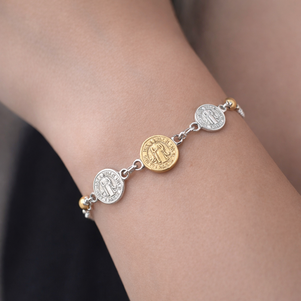Pulsera San Benito Abad en Oro Esferas Facetadas