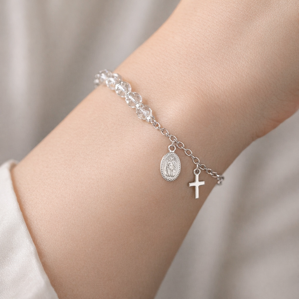 Pulsera Virgen de Guadalupe Cruz Cristales Tornasol