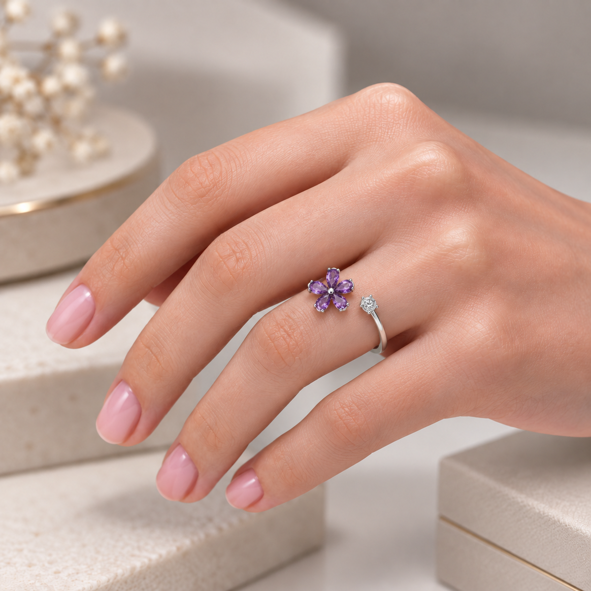 Anillo Ajustable Flor Circones Amatista