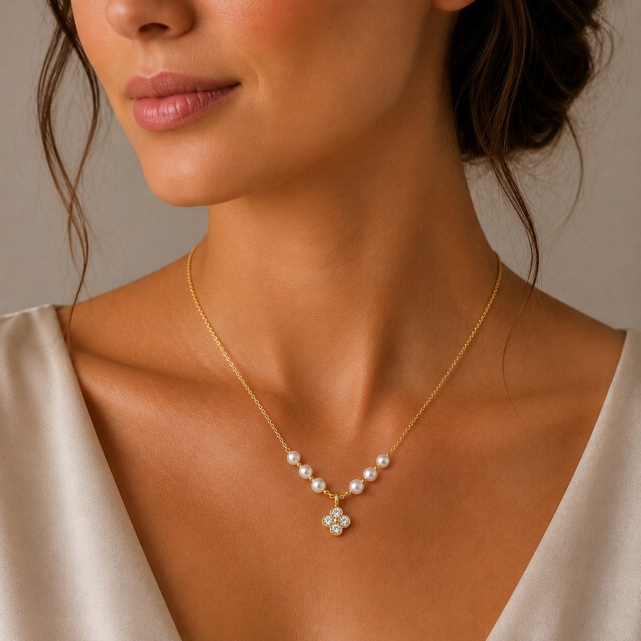 Collar Perlas y Trébol de la Suerte Circones