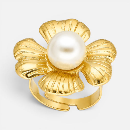 Anillo Ajustable Flor Chunky Perla