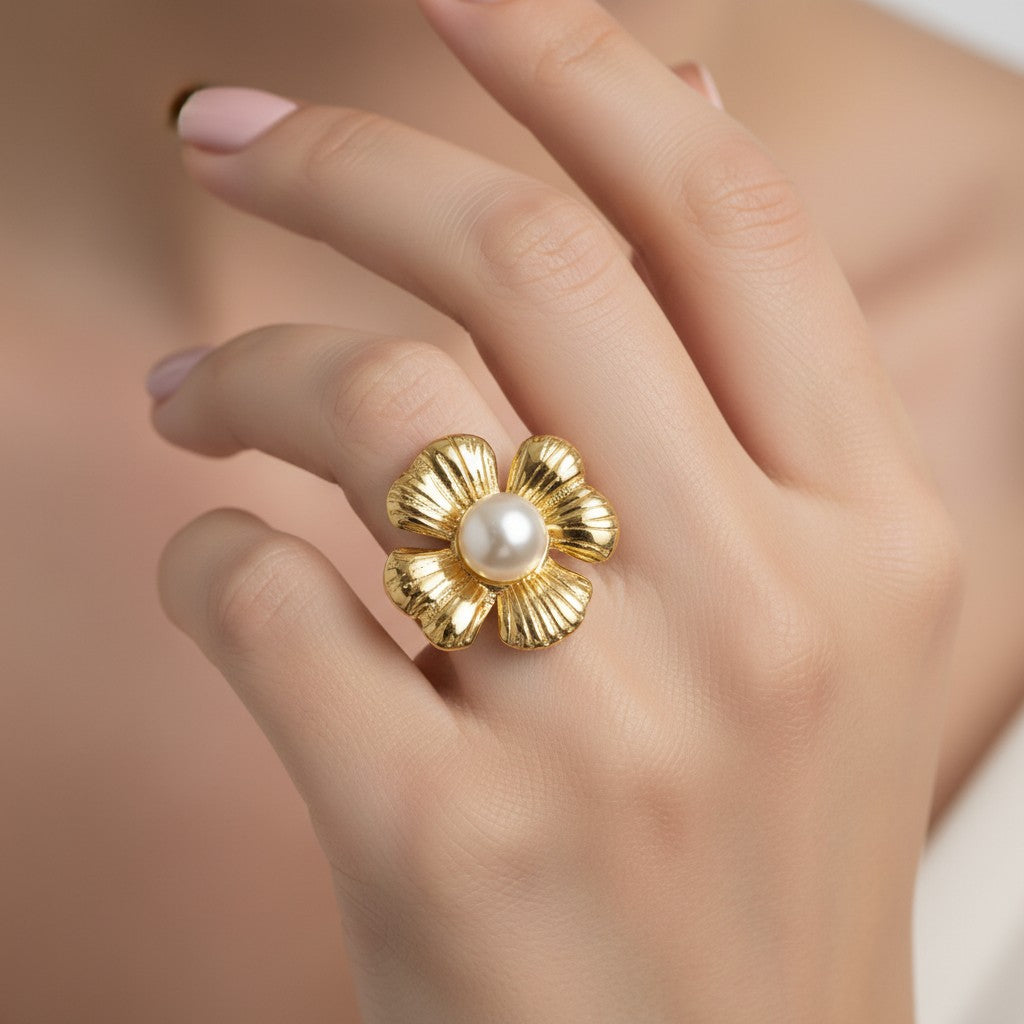 Anillo Ajustable Flor Chunky Perla