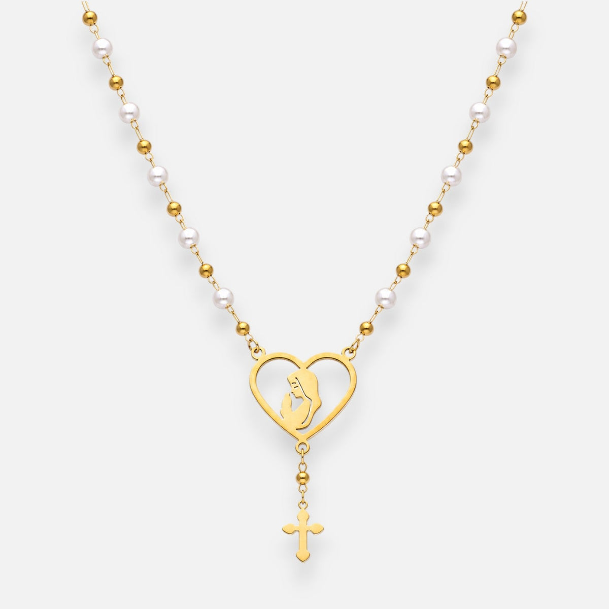 Collar Esferas Perlas Corazón Virgen Niña Cruz
