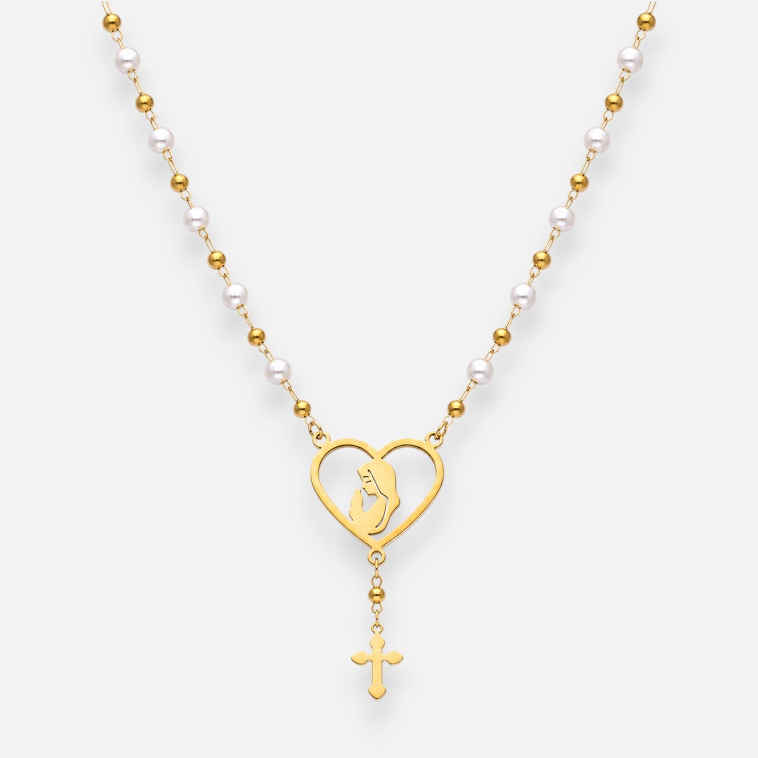 Collar Esferas Perlas Corazón Virgen Niña Cruz