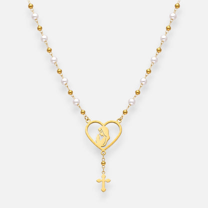 Collar Esferas Perlas Corazón Virgen Niña Cruz