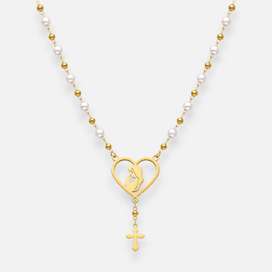 Collar Esferas Perlas Corazón Virgen Niña Cruz