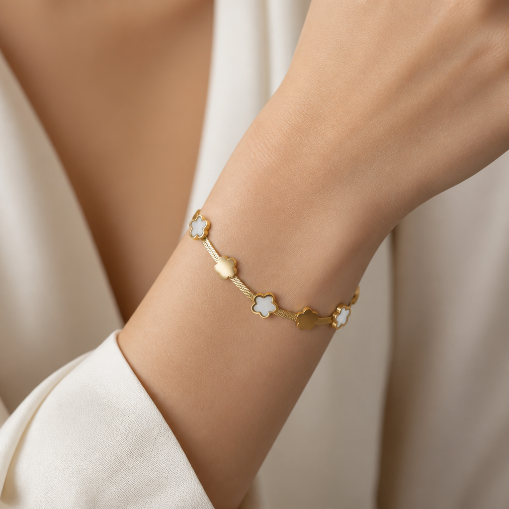 Pulsera Cinta Flores Nácar Blanco
