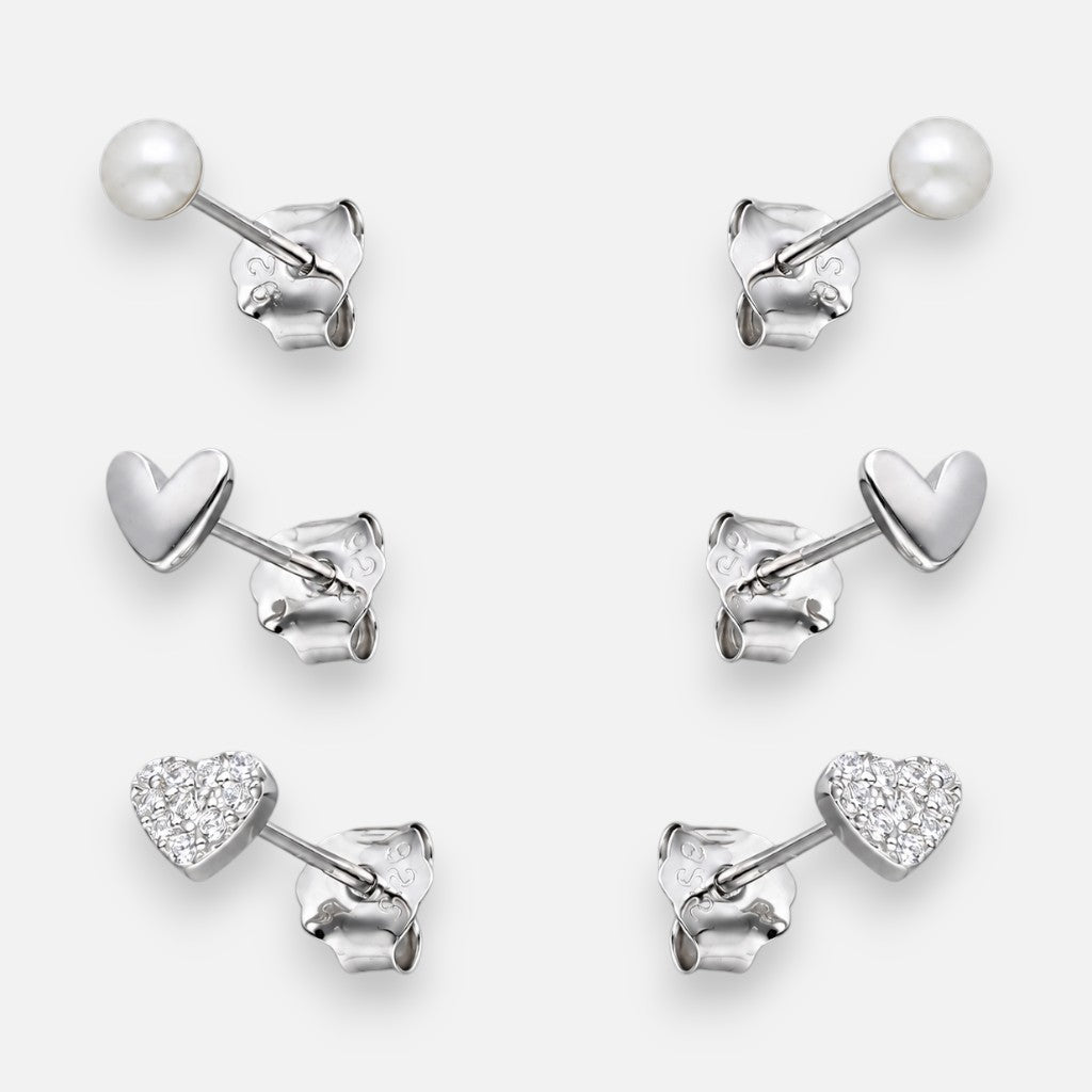 Set Aros Minimalista Perla Corazones Circones