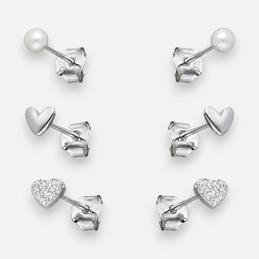 Set Aros Minimalista Perla Corazones Circones