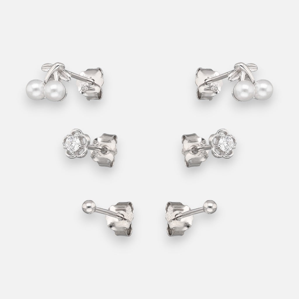 Set Aros Minimalista Cerezas Perlas Flor Circones Esfera