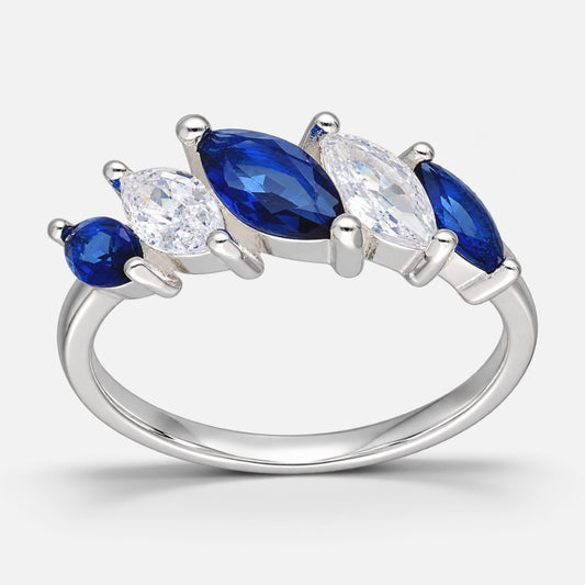 Anillo Cintillo Circones Marquise White y Zafiro