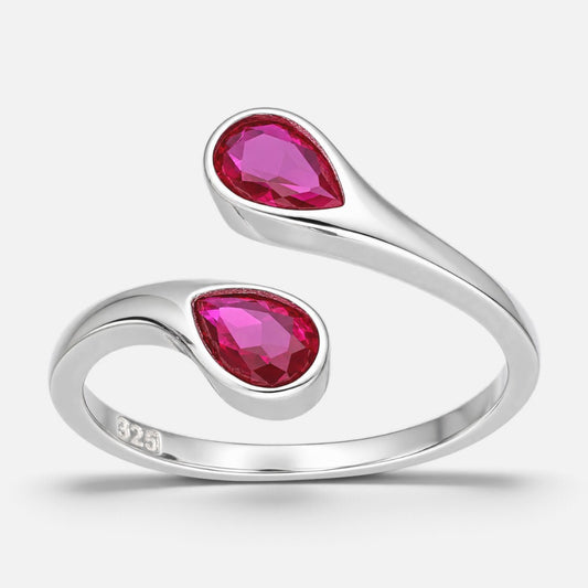 Anillo Ajustable Tú y Yo Gotas Circón Rubí