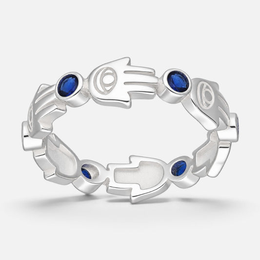 Anillo Circón Zafiro Mano de Fátima Sin Fin