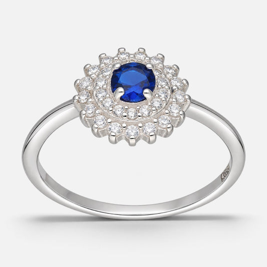 Anillo Flor Circón Zafiro Doble Halo de Circones
