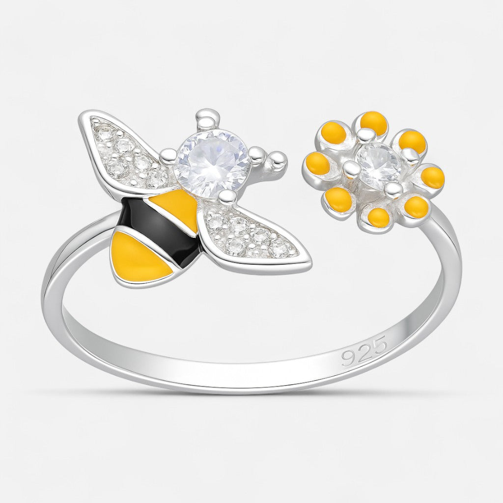 Anillo Ajustable Abeja Flor Esmaltada Circón