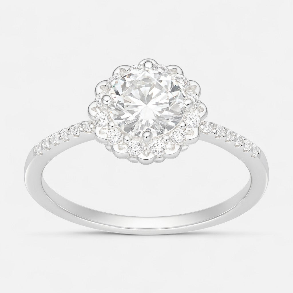 Anillo Flor Solitario Moissanita y Circones