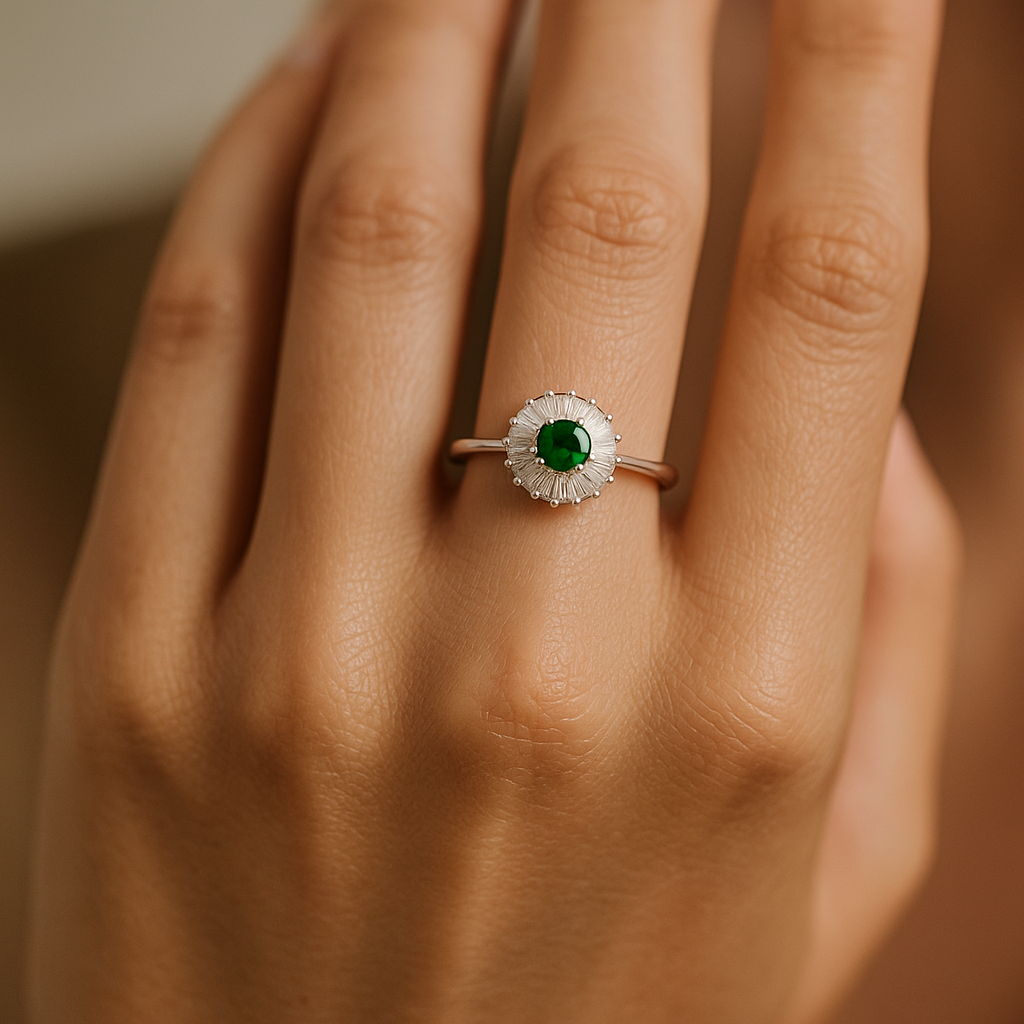 Anillo Flor Circones Baguette Esmeralda