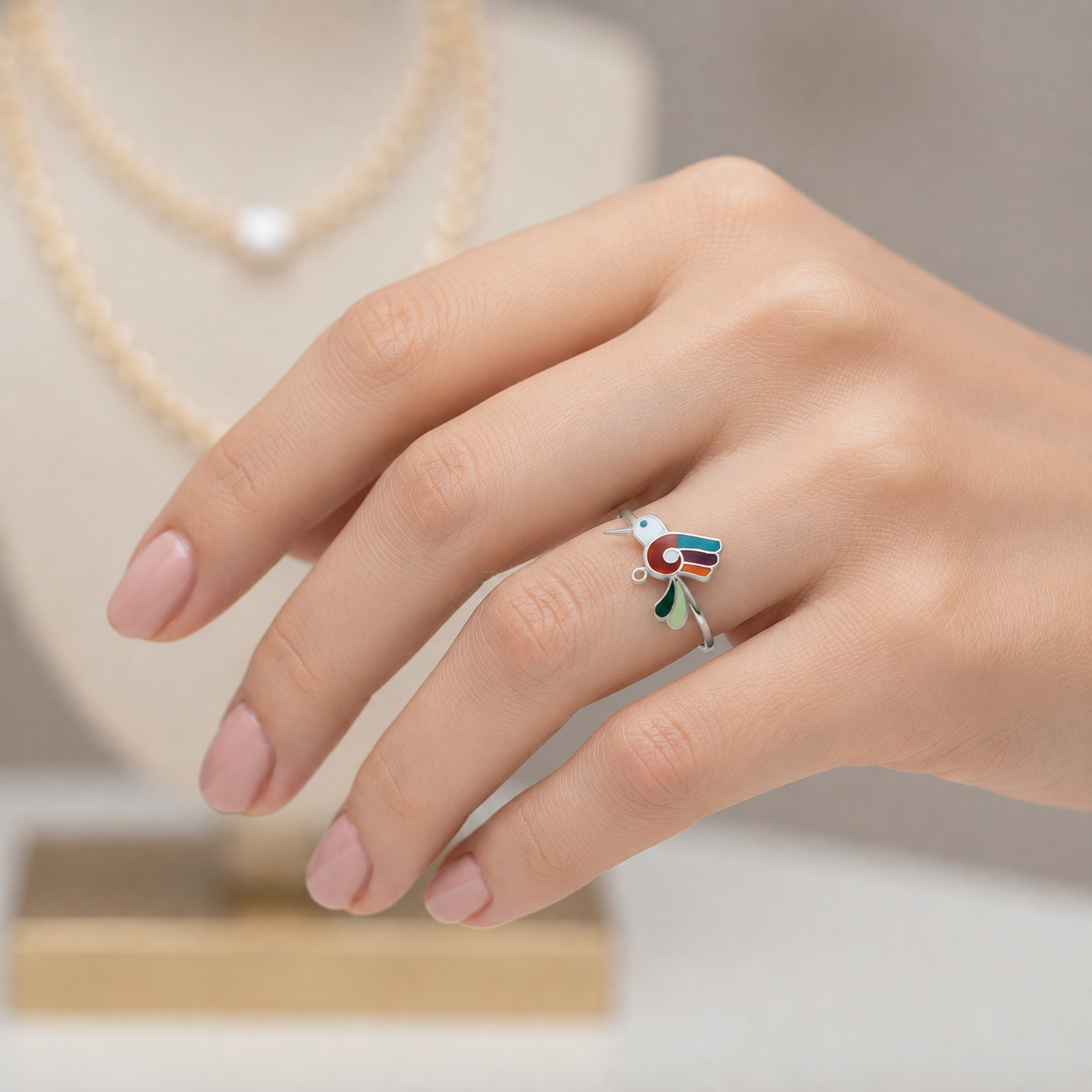 Anillo Ajustable Colibrí Piedras Naturales Multicolor