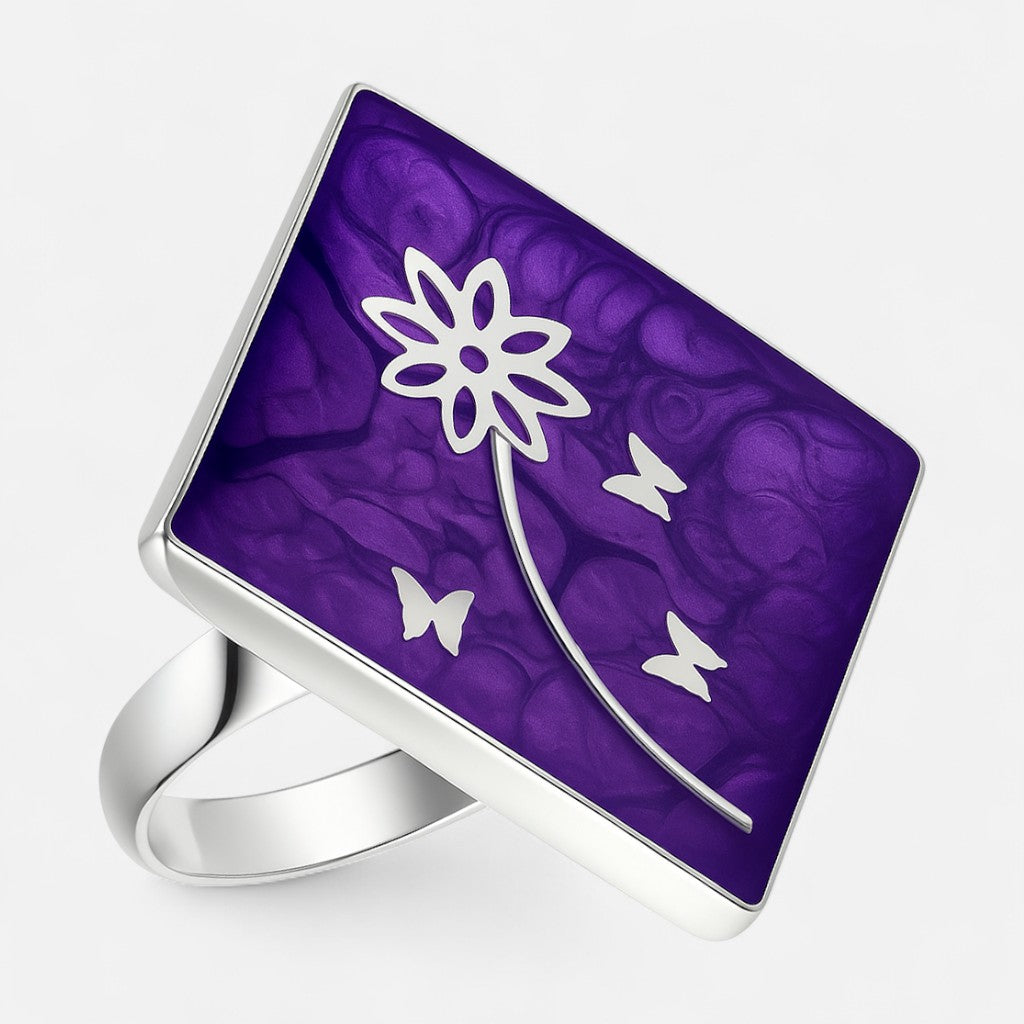 Anillo Flor Mariposas Morado Metalizado