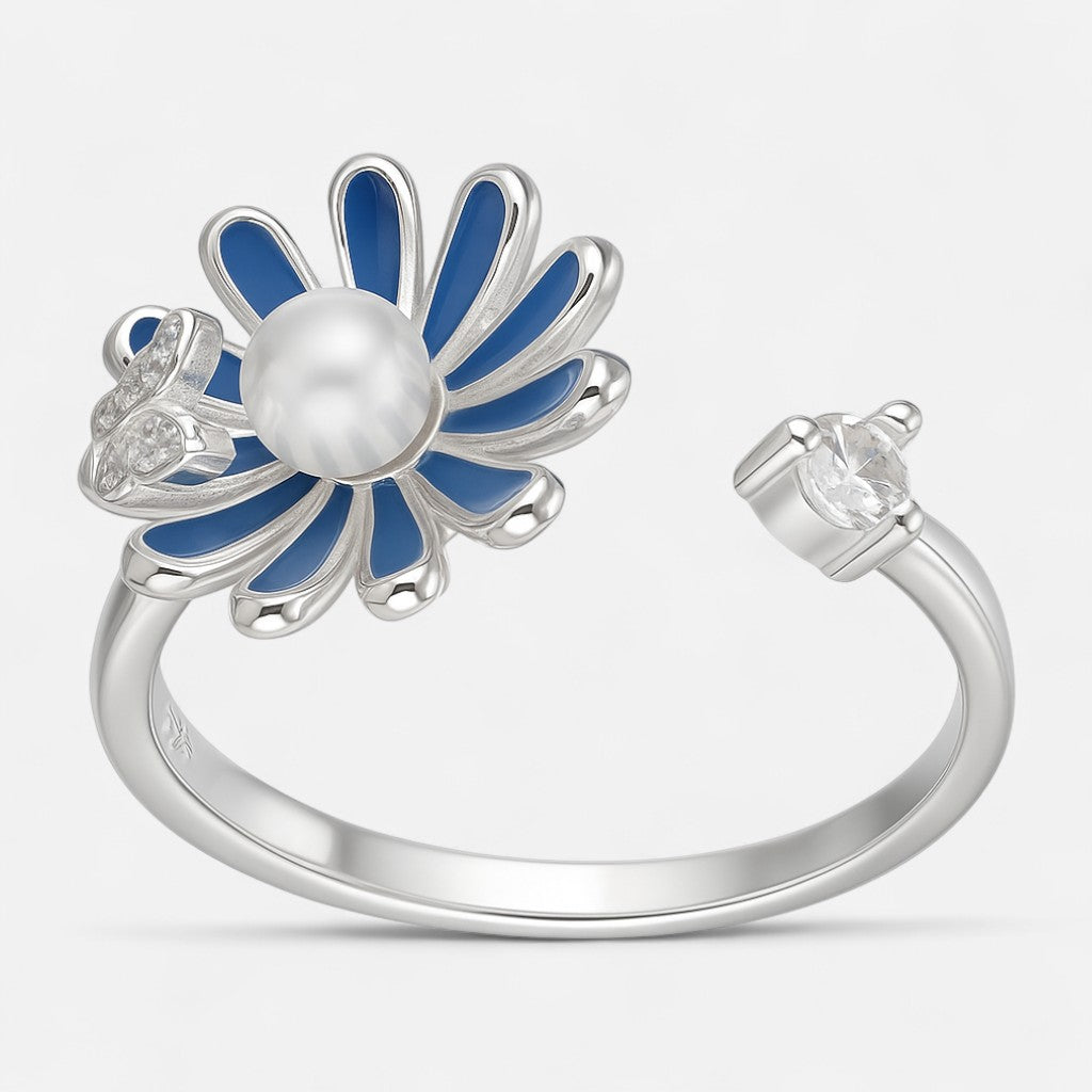 Anillo Ajustable Flor Esmaltada Perla Circones
