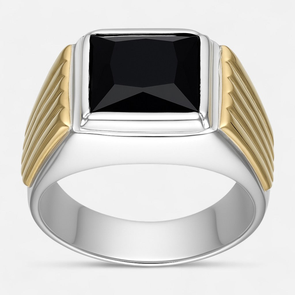 Anillo Sello Circón Onix y Oro