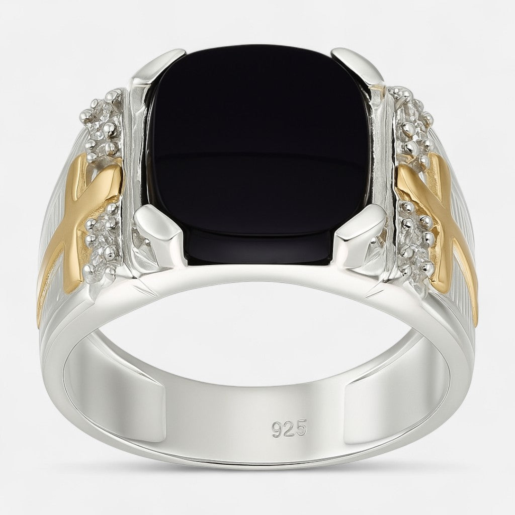 Anillo Sello Ónix Circones Cruz en Oro