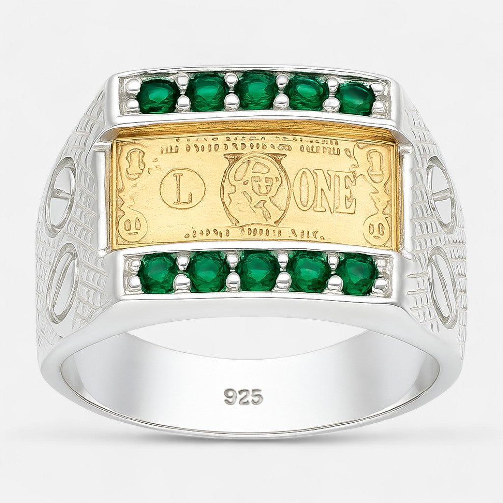 Anillo Sello Circones Esmeralda Billete 1 Dólar en Oro