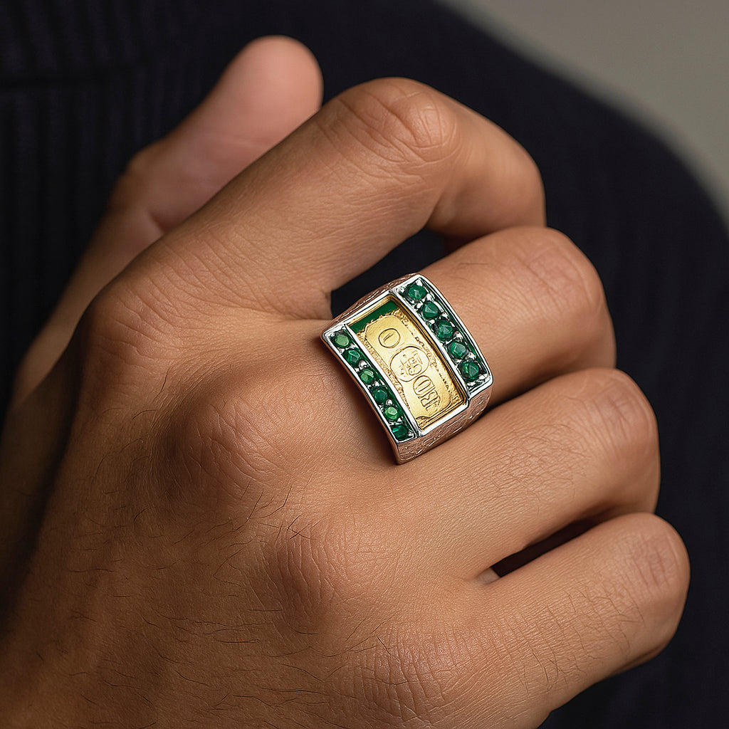 Anillo Sello Circones Esmeralda Billete 1 Dólar en Oro