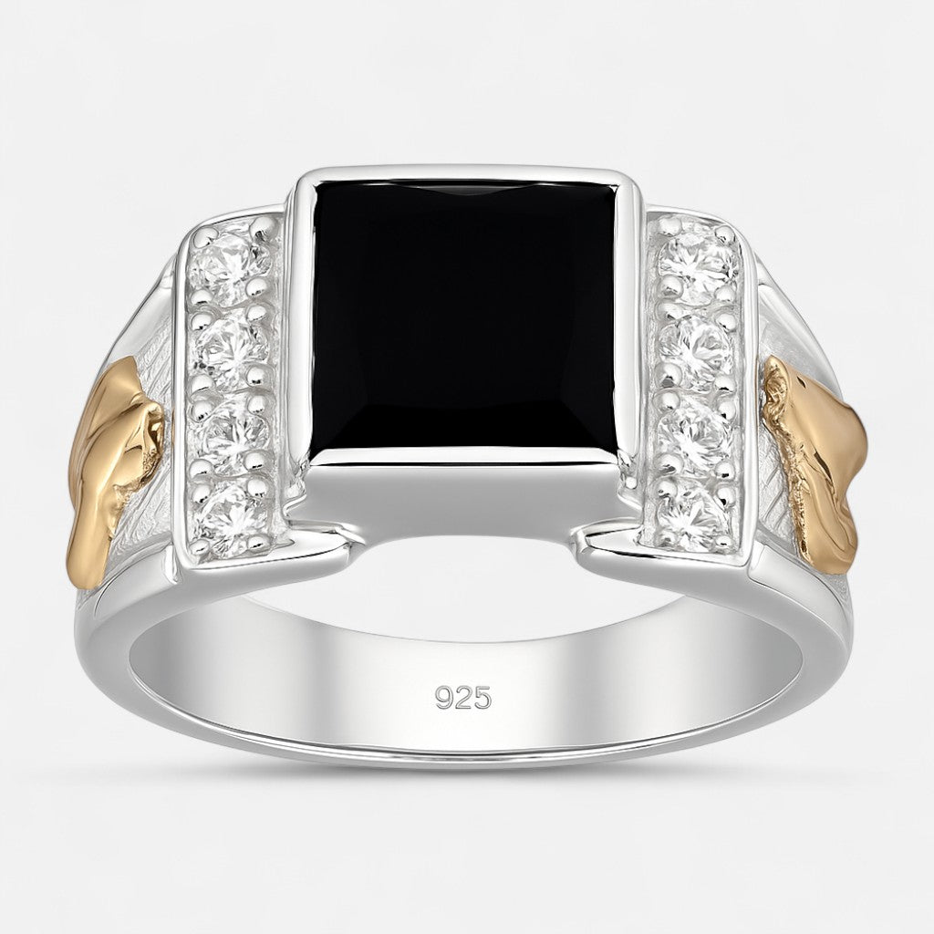 Anillo Sello Circón Ónix Caballo en Oro