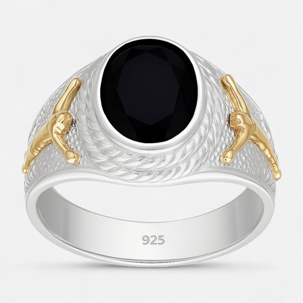 Anillo Sello Circón Ónix Cristo en Oro