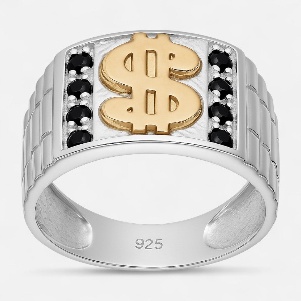 Anillo Sello Circones Ónix Símbolo Dólar en Oro