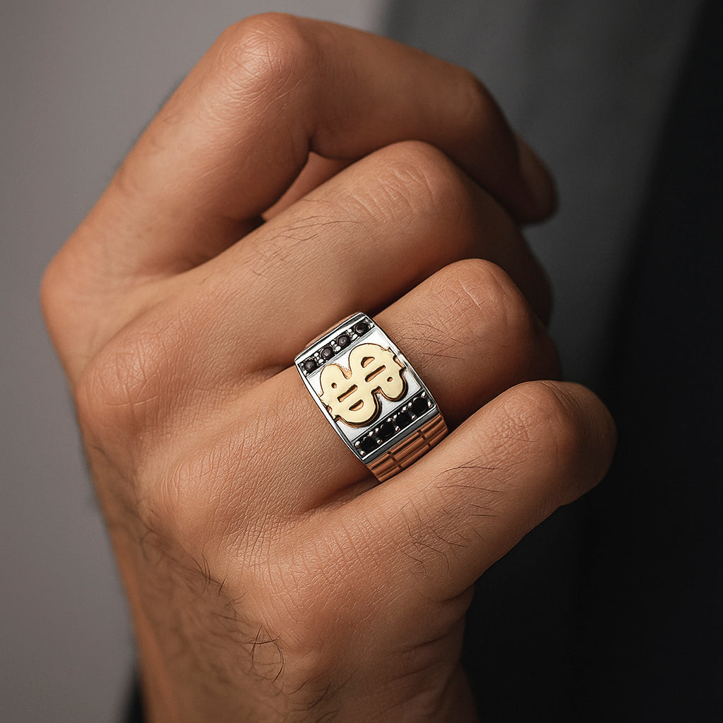 Anillo Sello Circones Ónix Símbolo Dólar en Oro