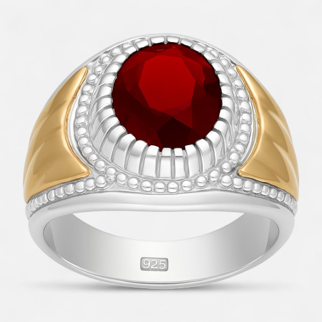 Anillo Sello Circón Rubí con Oro