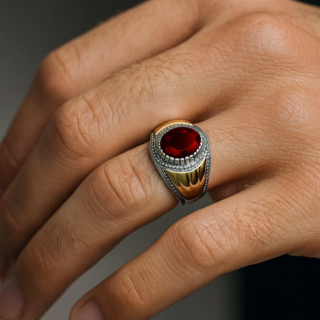 Anillo Sello Circón Rubí con Oro