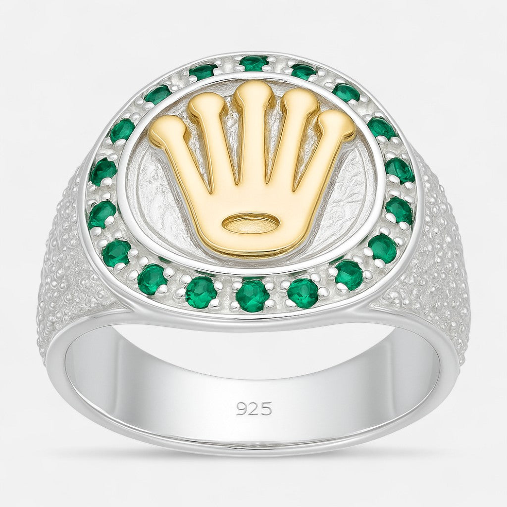 Anillo Sello Corona en Oro Circones Esmeralda