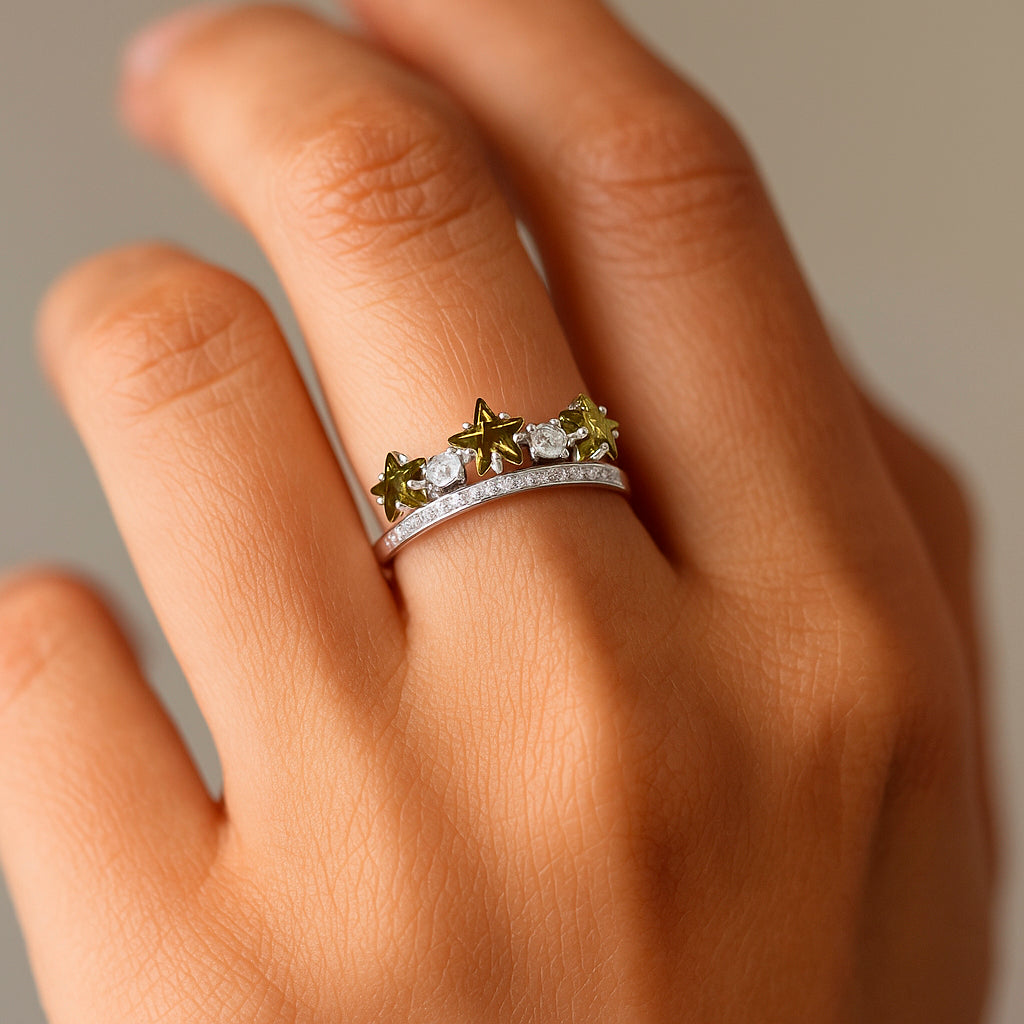 Anillo Corona Estrellas Circones Verde Oliva