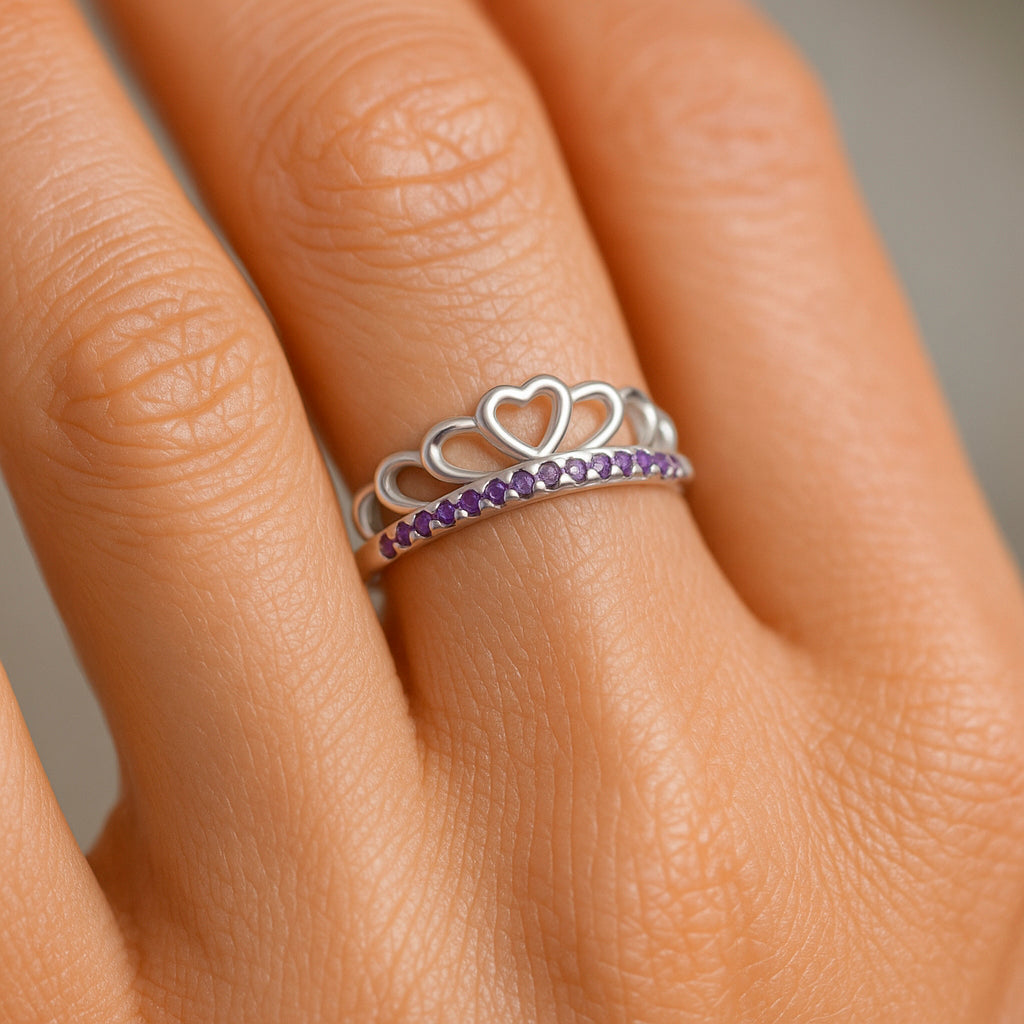 Anillo Corona Corazones Circones Amatista