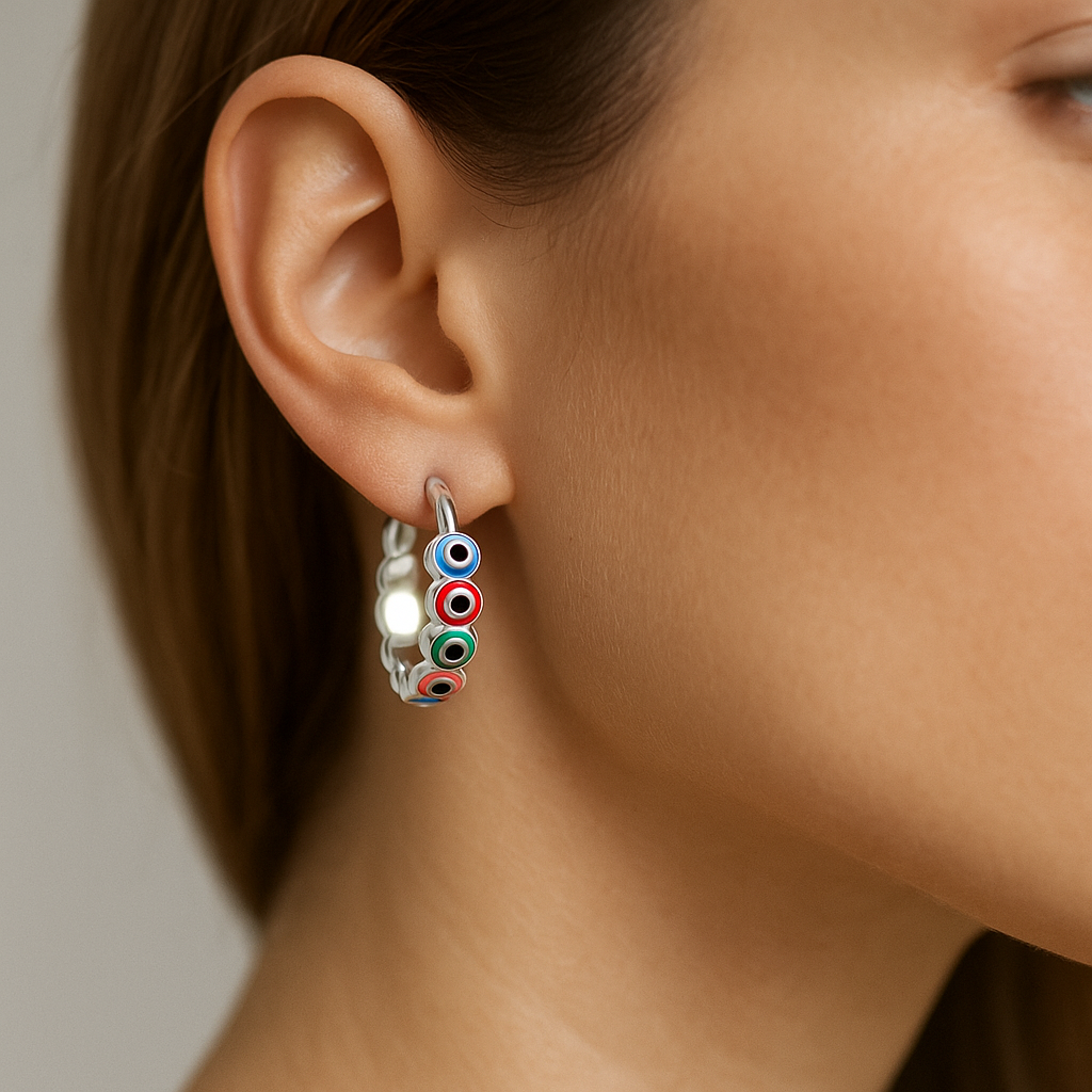 Argolla Huggie Ojo Turco Esmaltado Multicolor 12 mm