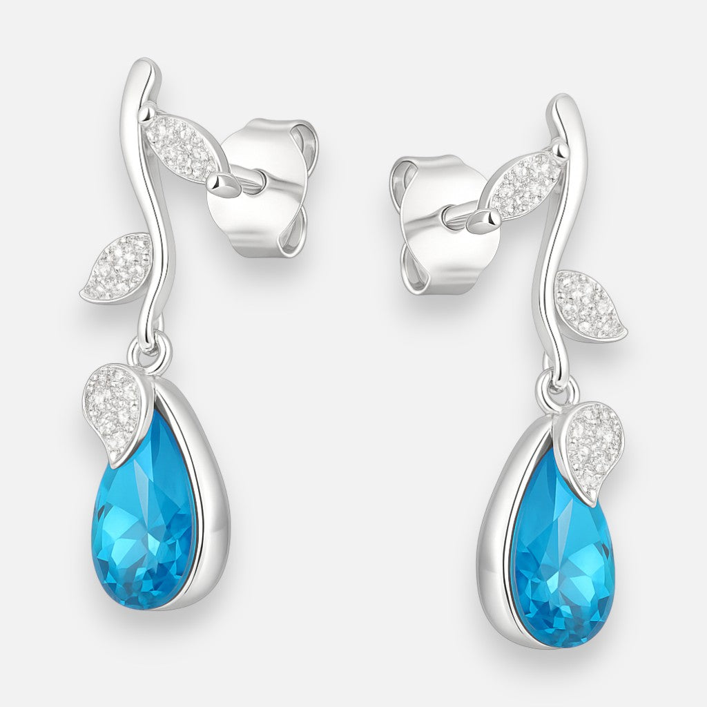 Aro Hojas Circones Gota Cristal Azul